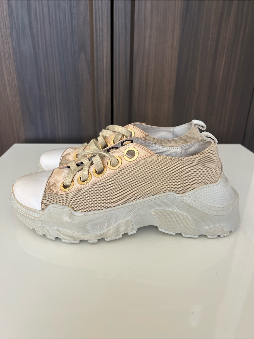 Lola Cruz Spain Gold and White Chunky Platform Sneakers